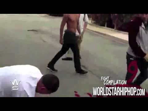 HOOD FIGHT : Big guy gets leaked by smaller dude