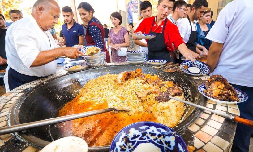 Street Food in Uzbekistan - 1,500 KG. of RICE PLOV (Pilau) + Market Tour in Tashkent!