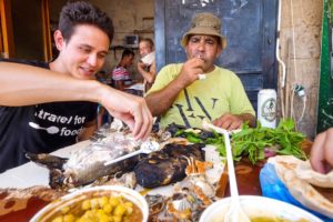 Eating PIG FISH + HUMMUS with Fishermen in Ancient Tyre! | Amazing Mediterranean Food!