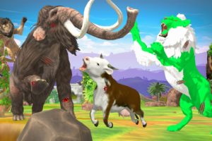 Mammoth VS Lion Attack Cow Cartoon Animal Fight Cartoon Cow Saved By Mammoth Elephant Epic Battle