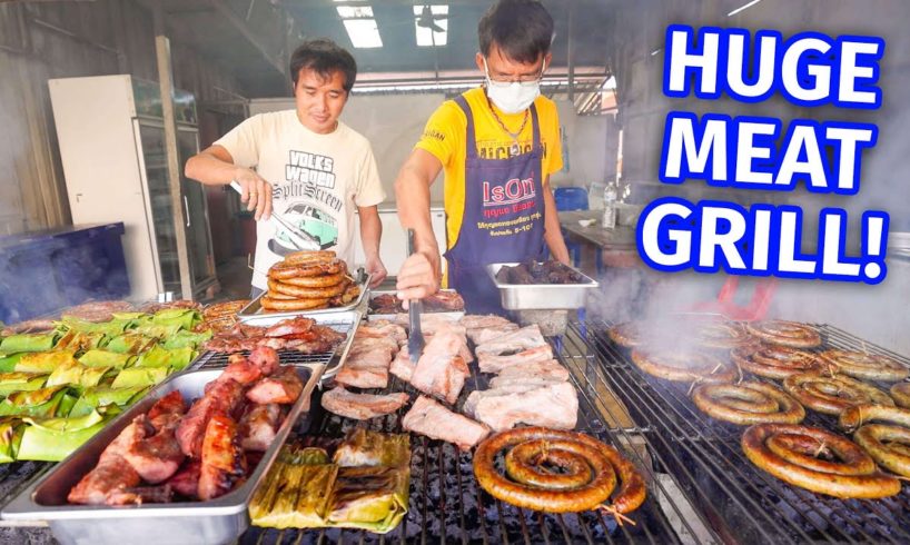 Thai Street Food - HUGE MEAT BBQ!! Sausage Coils + Curry Noodles in Mae Sariang, Thailand!