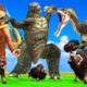 Dinosaur Vs Godzilla Fight T-rex Chase Bull Saved by Woolly Mammoth Elephant Animal Fights Battle