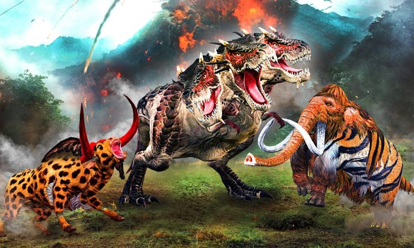 Dinosaur vs Mammoth Elephant Woolly Buffalo Cheetah Bull Fight 3 Headed T-rex Mammoth Animal Fight