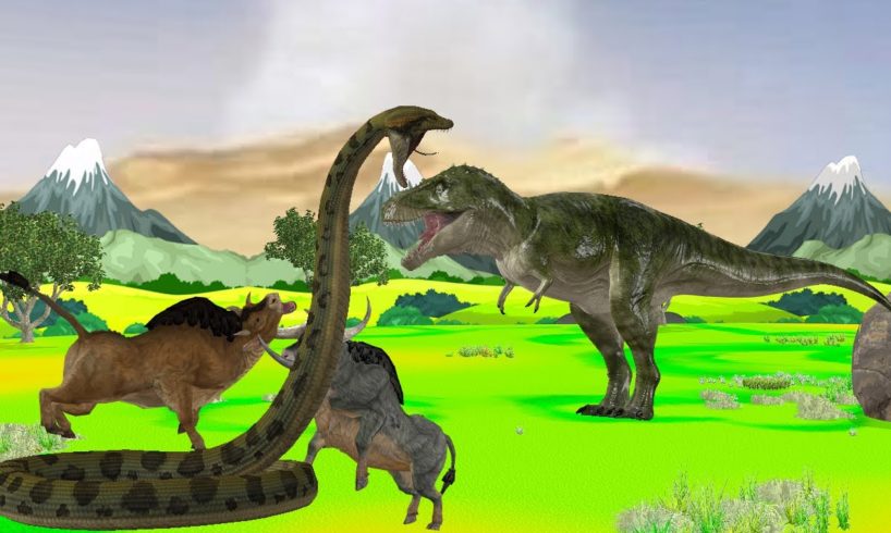 Dinosaur Vs Giant Snake Fight T-rex Chase for Buffalo Monkey and Rat Giant Animal Fights Video