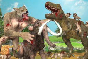 Giant Dinosaur vs Giant Wolf Fight Cartoon Cow Saved by Woolly Mammoth Elephant Animal Fights
