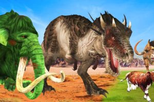 Zombie Mammoth VS Giant Bull T-rex Dinosaur Animal Fight Cartoon Cow Rescue Giant Bull Animal Battle