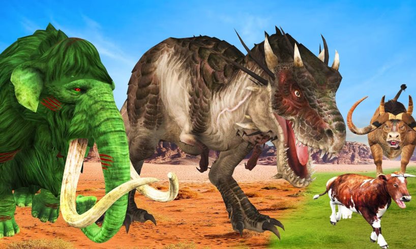 Zombie Mammoth VS Giant Bull T-rex Dinosaur Animal Fight Cartoon Cow Rescue Giant Bull Animal Battle