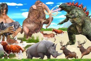Attack on titan WoolyMammoth Vs GodzillaVS Rhyno Monster Fight Cow Family Rescue epic Animal Fight