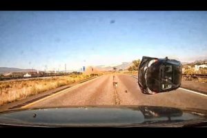 Car Roll Over in Front of Camera. Near Death & Near Miss Action.