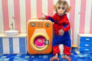 Little Monkey BobBob doing washing machine eat eggs ,fruit animals videos.