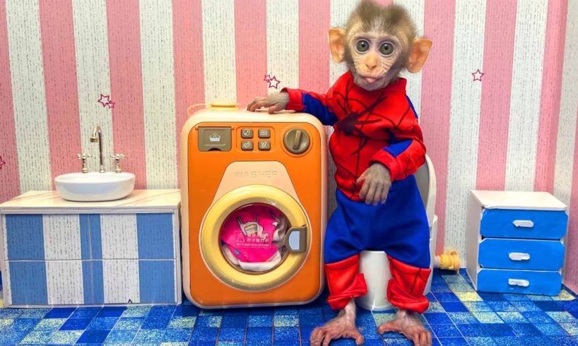 Little Monkey BobBob doing washing machine eat eggs ,fruit animals videos.