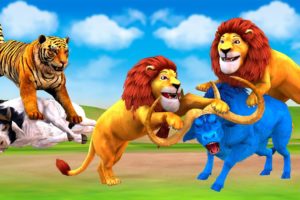 Cow Cartoon, Giant Bulls vs Zombie Lion Tiger Animal Fight | Big Bulls Rescue Cow From Giant Lion
