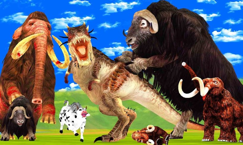 Monster Dinosaur vs Zombie Mammoth Animal Fights T-rex Chase Cartoon Cow Baby Elephant Mammoth Saved