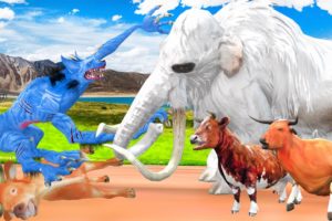 White Mammoth vs Zombie Wolf Animal Fight Woolly Elephant Helps Rescue Cartoon Cow From Wolf Attack