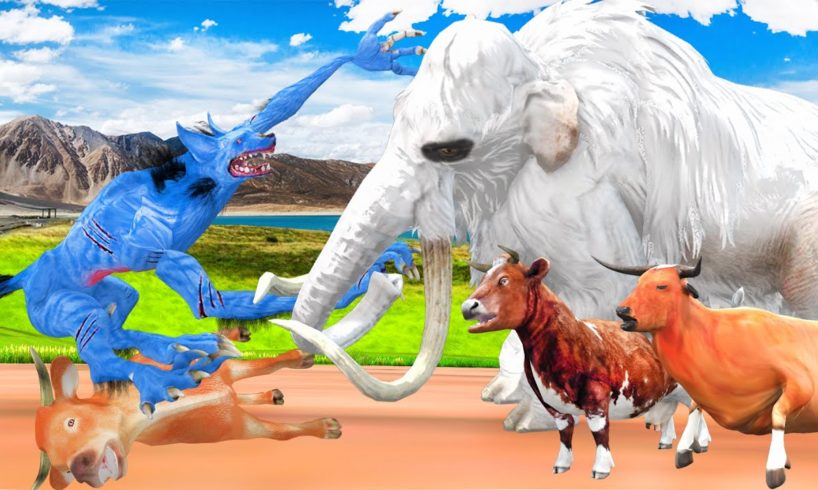 White Mammoth vs Zombie Wolf Animal Fight Woolly Elephant Helps Rescue Cartoon Cow From Wolf Attack