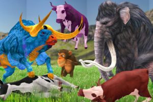 Woolly Mammoth vs Zombie Bull Fight Cartoon Cow and Monkey Saved By Mammoth Elephant Animal Fights