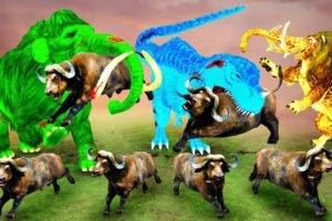 Zombie Mammoth vs Blue T-Rex and Monster Lion Mammoth Elephant Attack Wild Buffalos Animal Fight