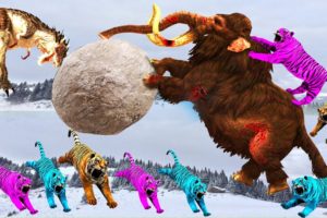 3 Zombie Mammoths Vs 3 Color Tigers Dinosaurs Fight on Mountains Woolly Mammoth Saves Wild Animals