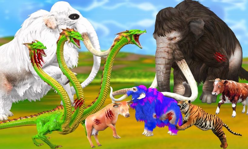4 Zombie Mammoths vs Hydra Tiger Animal Fights Woolly Elephant Help Rescue  Cow Bull Dinosaur Attack