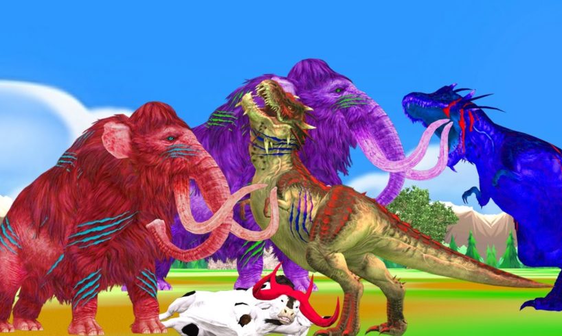 5 Zombie Dinosaurs vs 10 Zombie Mammoth Animal Fights Cartoon Cow Saved By Woolly Mammoth Elephant