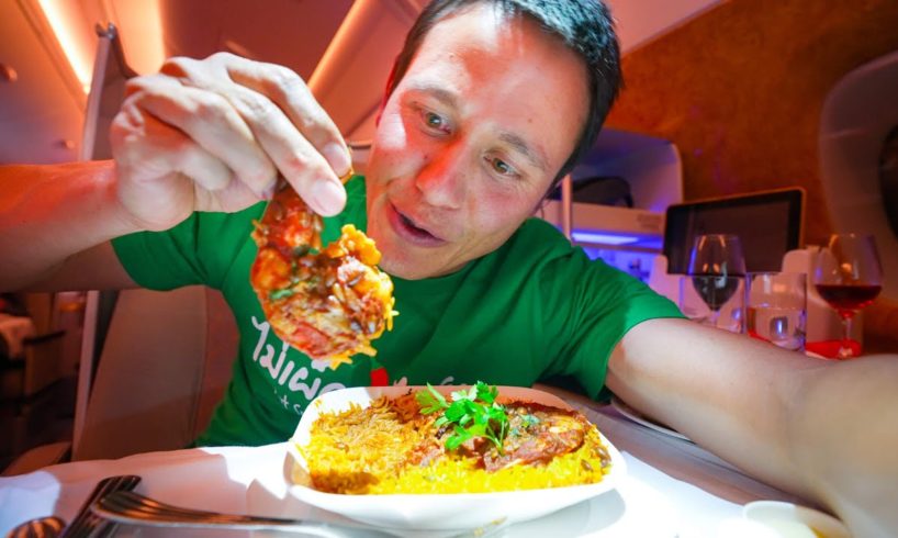 Emirates Business Class FOOD REVIEW - Giant SHRIMP MACHBOOS!! | Los Angeles to Dubai!