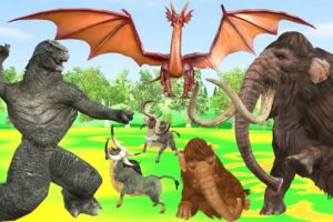 Godzilla vs Dragon vs Mammoth Fight Baby Mammoth Elephant Giant Animal Fights Videos Cartoon Animals