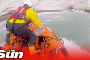 Lifeboat team rescues dog that survived 100ft cliff fall