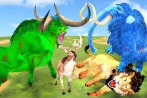 Woolly Mammoth Vs Zombie Bull Vs Lion Animal Fights to save Deers Baby Animals