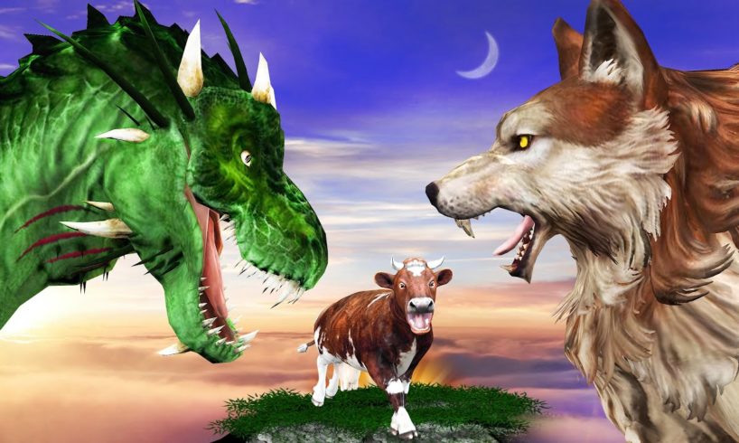 Zombie Dinosaur vs Giant Wolf Fight T-rex Chase Cow Cartoon Saved by Woolly Mammoth Animal Fights
