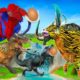 5 Giant Dinosaurs vs Zombie Tiger Bull Fight Cartoon Cow Rescue Saved By Woolly Mammoth Animal Fight