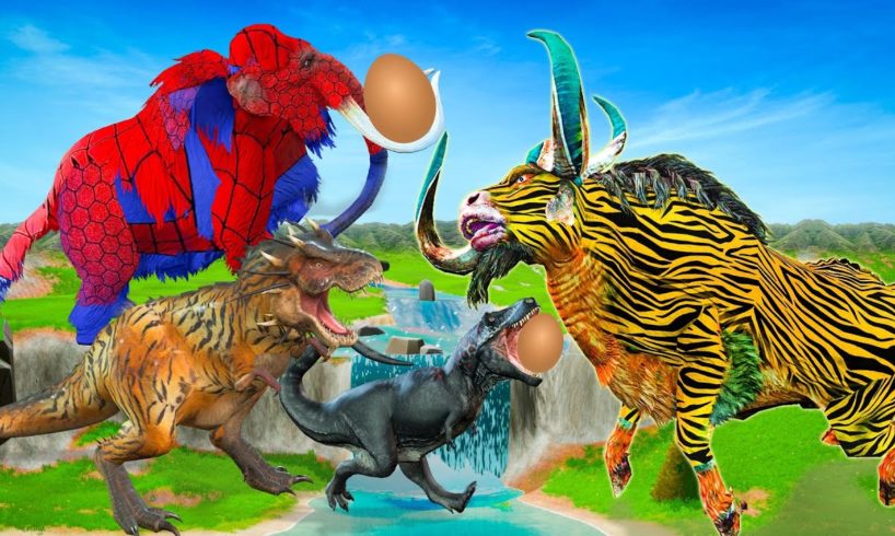 5 Giant Dinosaurs vs Zombie Tiger Bull Fight Cartoon Cow Rescue Saved By Woolly Mammoth Animal Fight
