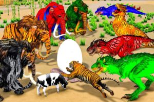 5 Giant Dinosaur vs Zombie Tiger Wild Animal Fights Cartoon Cow Saved By 10 Zombie Mammoths Elephant