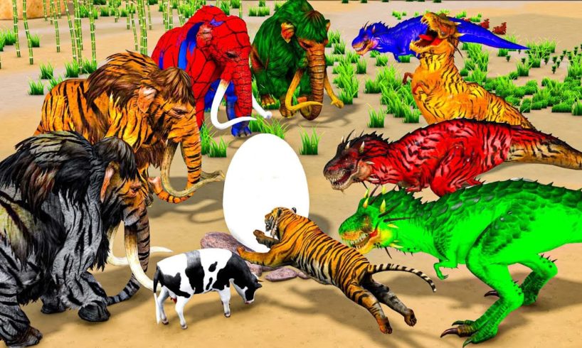 5 Giant Dinosaur vs Zombie Tiger Wild Animal Fights Cartoon Cow Saved By 10 Zombie Mammoths Elephant