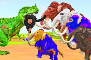 5 Zombie Elephants Vs T-Rex Dinosaur Attack Monkey Save By Woolly mammoth Rescue Animal Battle Fight