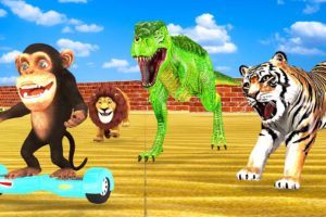 T-Rex, Giant Lion and Tiger Chase Funny Monkey Ride Hover Board Escape From Pc Maze Run Animal Fight