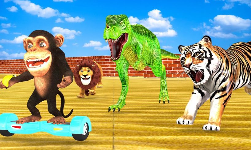 T-Rex, Giant Lion and Tiger Chase Funny Monkey Ride Hover Board Escape From Pc Maze Run Animal Fight