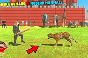 MODERN HUMAN vs MODERN MAMMALS😱| SHINCHAN and CHOP fight DINOSAURS😂Funny game in Hindi animal revolt