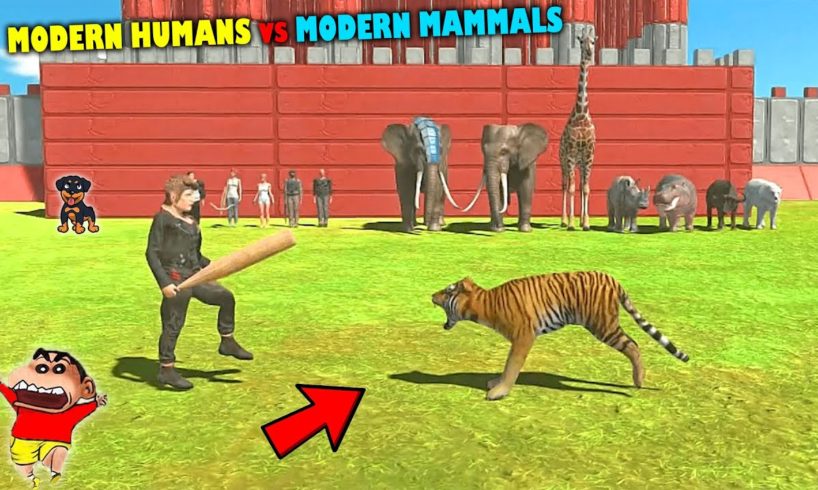 MODERN HUMAN vs MODERN MAMMALS😱| SHINCHAN and CHOP fight DINOSAURS😂Funny game in Hindi animal revolt