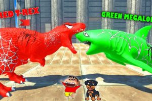 SPIDERMAN T-REX vs MEGALODON😱| SHINCHAN and CHOP fight DINOSAURS😂Funny game in Hindi animal revolt