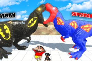 SUPERMAN T-REX vs BATMAN T-REX😱|SHINCHAN and CHOP fight DINOSAURS|😂Funny game in Hindi animal revolt