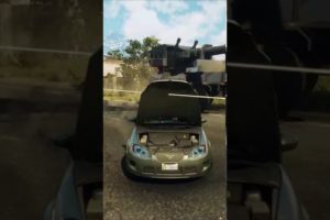 A car with an open hood fights a tank #shorts