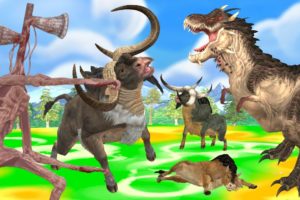 Dinosaur vs Siren Head Fight Dinosaur chasing Attack Big Bulls Animal Fights