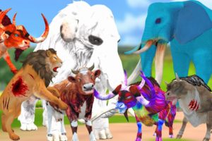 Elephant, Cow Cartoon, Giant Bulls Vs Zombie Lion Woolly Mammoth save Cow Animal Battle Fights