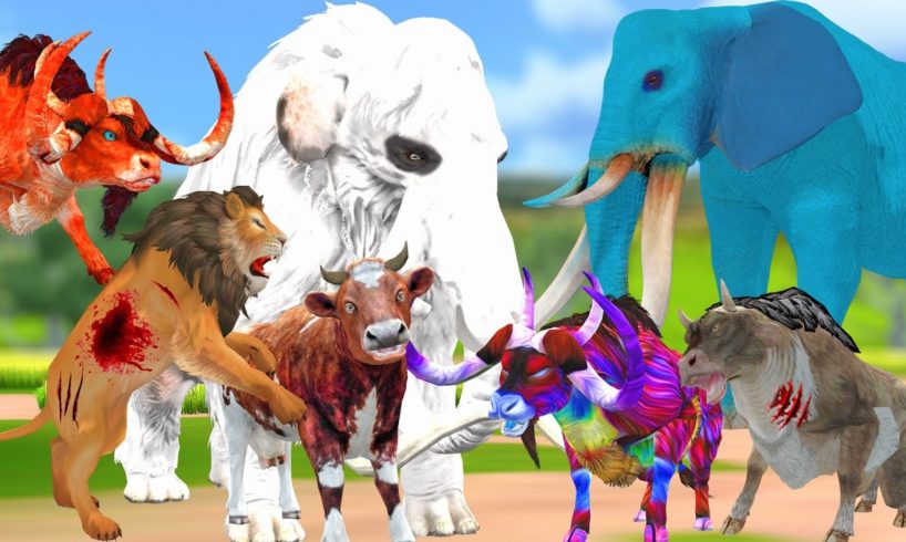 Elephant, Cow Cartoon, Giant Bulls Vs Zombie Lion Woolly Mammoth save Cow Animal Battle Fights