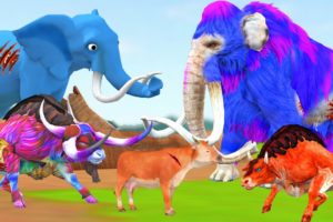 Elephant, Cow Cartoon Vs Zombie Bulls Attack Woolly Mammoth Animal Help Rescue Cow Battle Fight