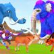 Elephant, Cow Cartoon Vs Zombie Bulls Attack Woolly Mammoth Animal Help Rescue Cow Battle Fight