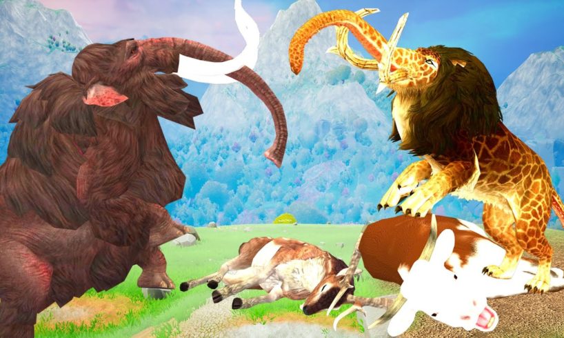 Monster Lion Mammoth Vs Titanoboa Snake Fight Cow Cartoon Rescue Saved by Woolly Mammoth Revolt