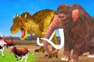 Zombie Mammoth vs Giant Bull Fight T-Rex To Rescue Save Cow Cartoon and Bull from Mammoth Elephant