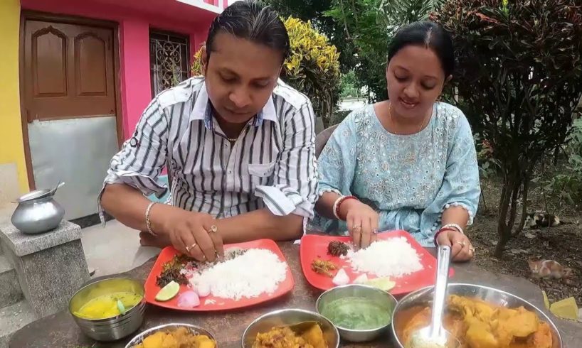 Bagan Barite Lunch | Tel Chara Chicken Jhol Diea Rice | Lal Shak | Morola Mach | Alu Fulkopy