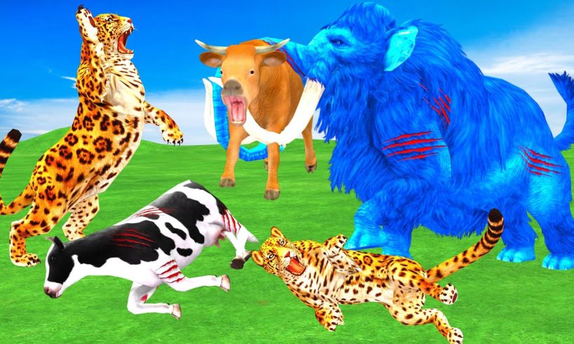 Furry Mammoth Vs Mountain Leopard Animal Fight | Leopard Attack Cow Cartoon Saved By Woolly Mammoth